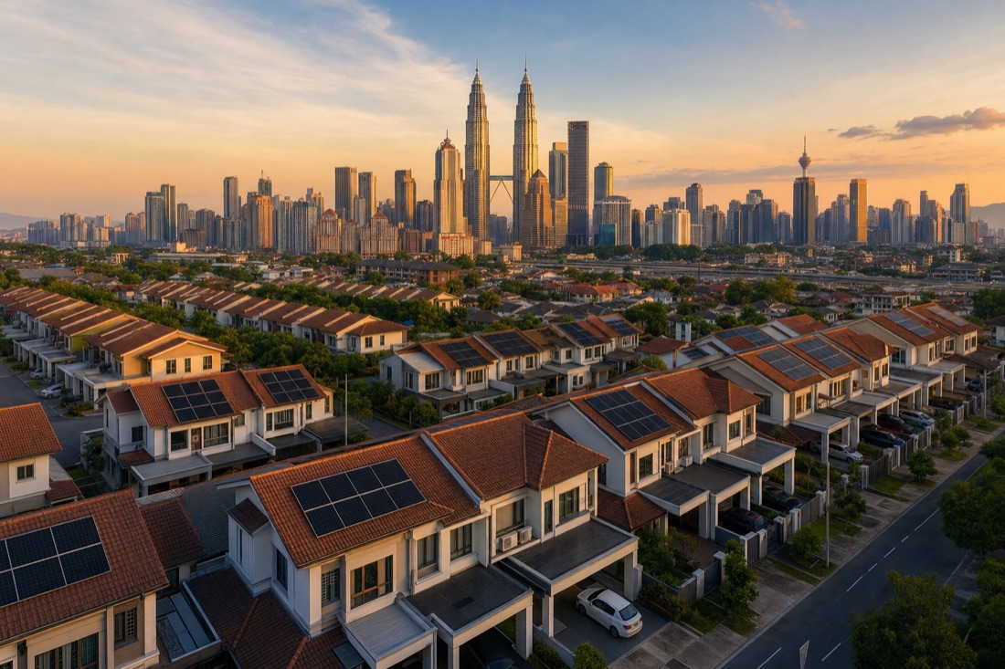 Solar-panelled homes in Peninsular Malaysia with the Kuala Lumpur skyline