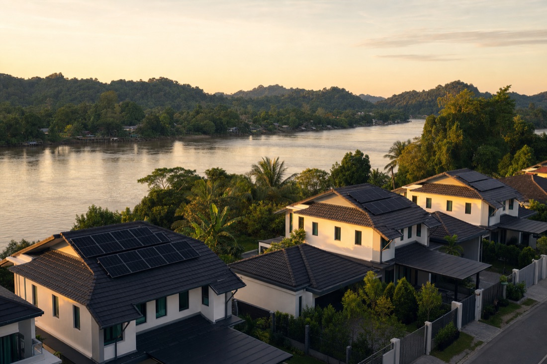 Solar-panelled Malaysian homes beside a Sarawak river and rainforest